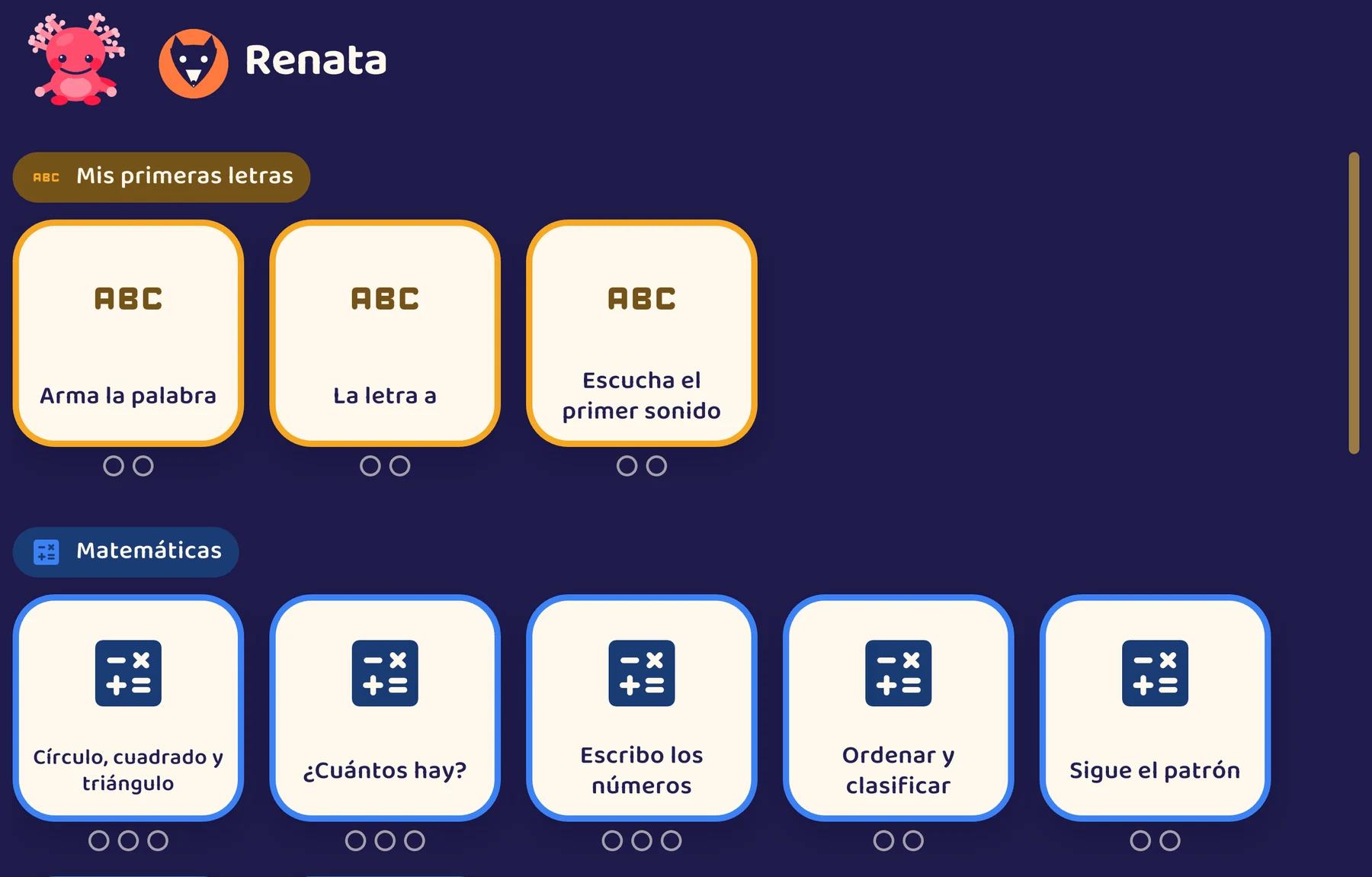 Mapa de lecciones de Jambo con actividades de letras y matemáticas